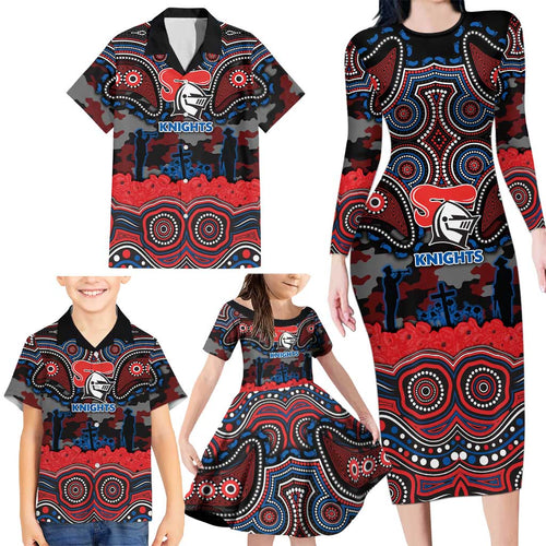 ANZAC Day Newcastle Knights Family Matching Long Sleeve Bodycon Dress and Hawaiian Shirt Military Memorial Aboriginal Indigenous Art