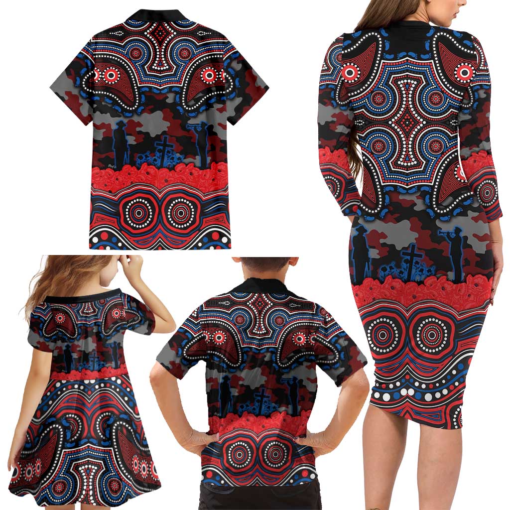ANZAC Day Newcastle Knights Family Matching Long Sleeve Bodycon Dress and Hawaiian Shirt Military Memorial Aboriginal Indigenous Art