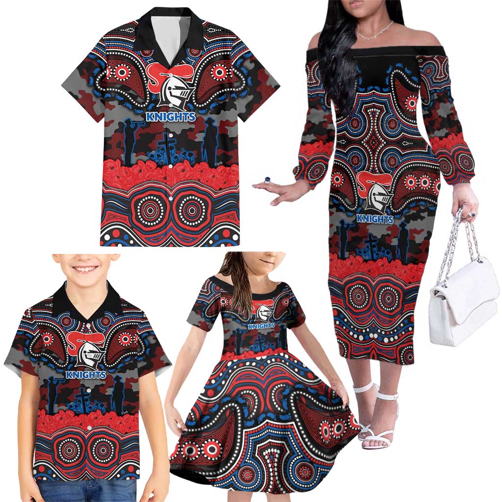 ANZAC Day Newcastle Knights Family Matching Off The Shoulder Long Sleeve Dress and Hawaiian Shirt Military Memorial Aboriginal Indigenous Art