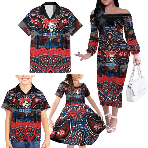 ANZAC Day Newcastle Knights Family Matching Off The Shoulder Long Sleeve Dress and Hawaiian Shirt Military Memorial Aboriginal Indigenous Art