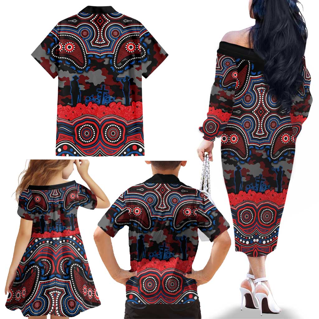 ANZAC Day Newcastle Knights Family Matching Off The Shoulder Long Sleeve Dress and Hawaiian Shirt Military Memorial Aboriginal Indigenous Art
