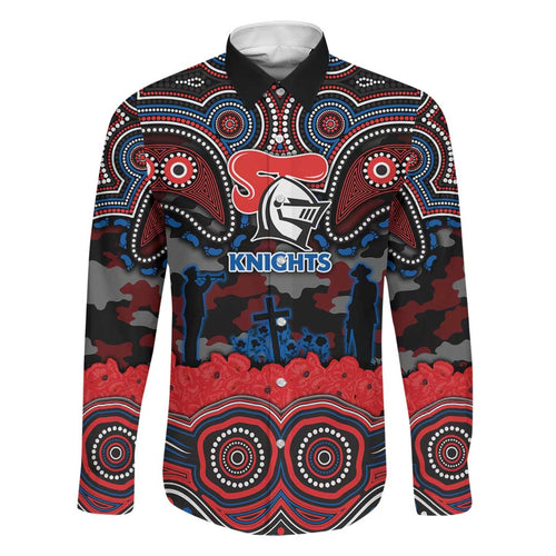 ANZAC Day Newcastle Knights Family Matching Off The Shoulder Long Sleeve Dress and Hawaiian Shirt Military Memorial Aboriginal Indigenous Art