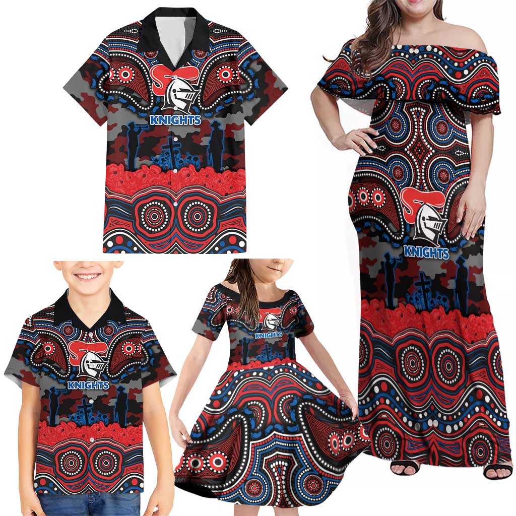 ANZAC Day Newcastle Knights Family Matching Off Shoulder Maxi Dress and Hawaiian Shirt Military Memorial Aboriginal Indigenous Art