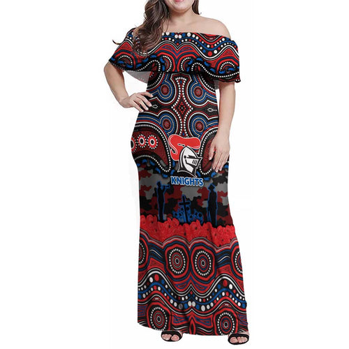 ANZAC Day Newcastle Knights Family Matching Off Shoulder Maxi Dress and Hawaiian Shirt Military Memorial Aboriginal Indigenous Art