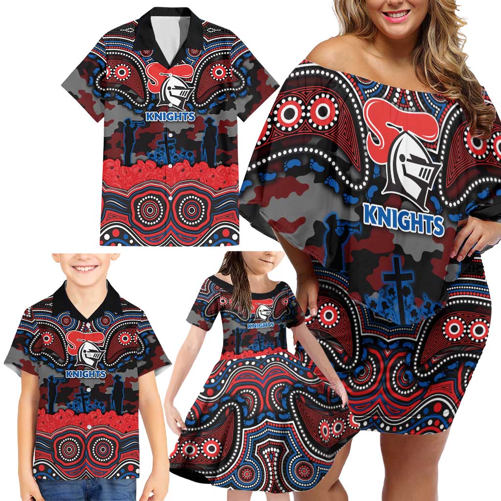 ANZAC Day Newcastle Knights Family Matching Off Shoulder Short Dress and Hawaiian Shirt Military Memorial Aboriginal Indigenous Art