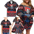 ANZAC Day Newcastle Knights Family Matching Off Shoulder Short Dress and Hawaiian Shirt Military Memorial Aboriginal Indigenous Art