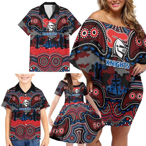 ANZAC Day Newcastle Knights Family Matching Off Shoulder Short Dress and Hawaiian Shirt Military Memorial Aboriginal Indigenous Art