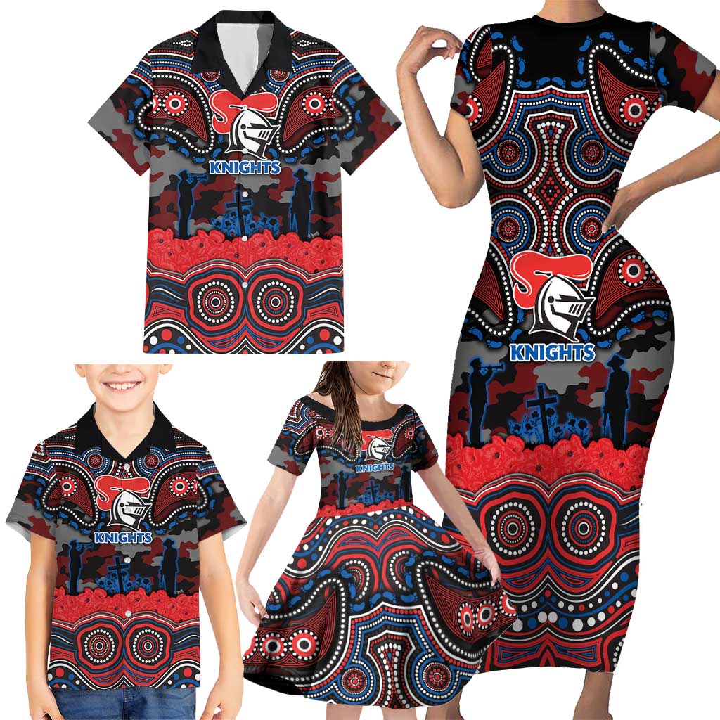 ANZAC Day Newcastle Knights Family Matching Short Sleeve Bodycon Dress and Hawaiian Shirt Military Memorial Aboriginal Indigenous Art