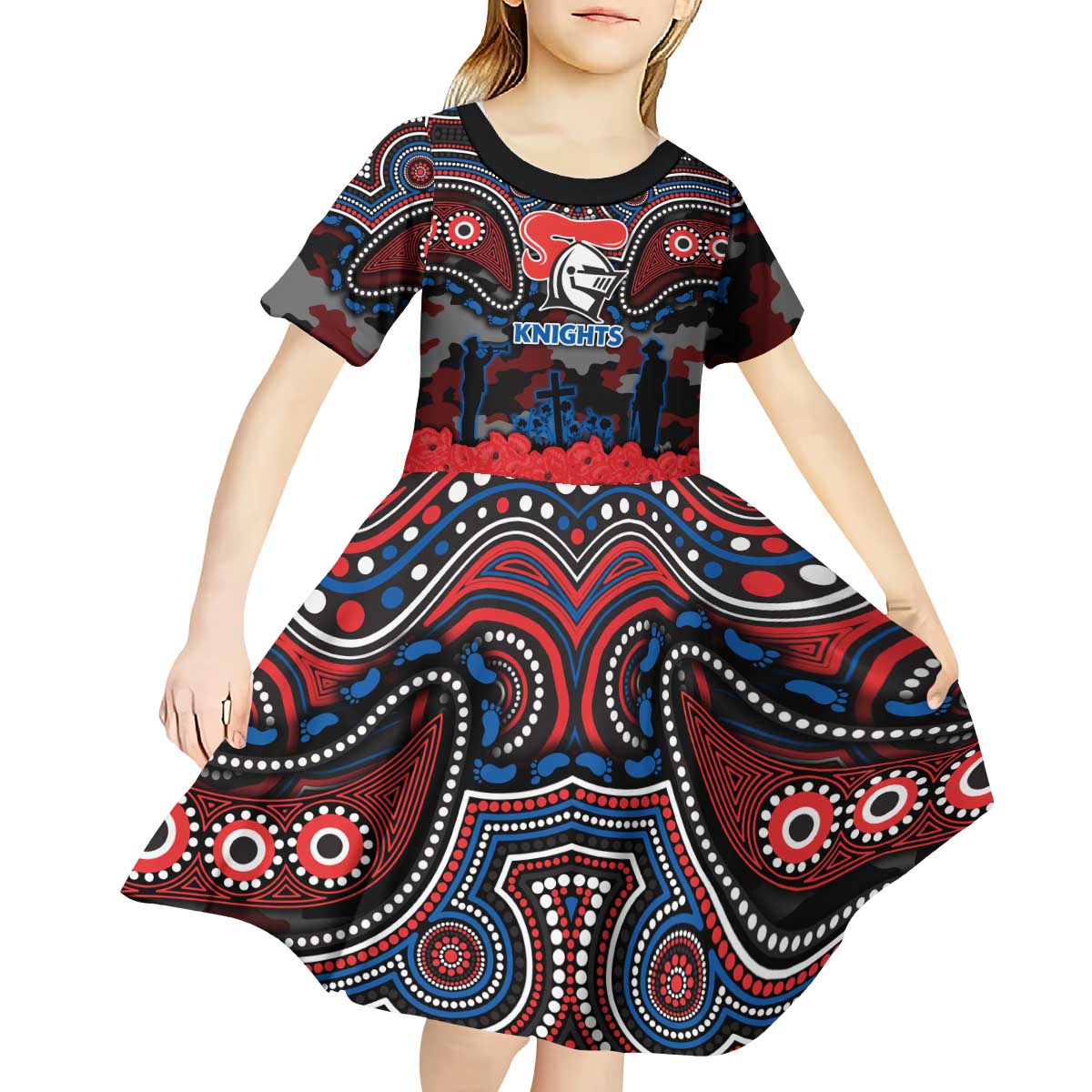 ANZAC Day Newcastle Knights Kid Short Sleeve Dress Military Memorial Aboriginal Indigenous Art