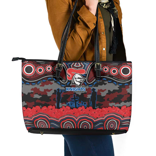 ANZAC Day Newcastle Knights Leather Tote Bag Military Memorial Aboriginal Indigenous Art