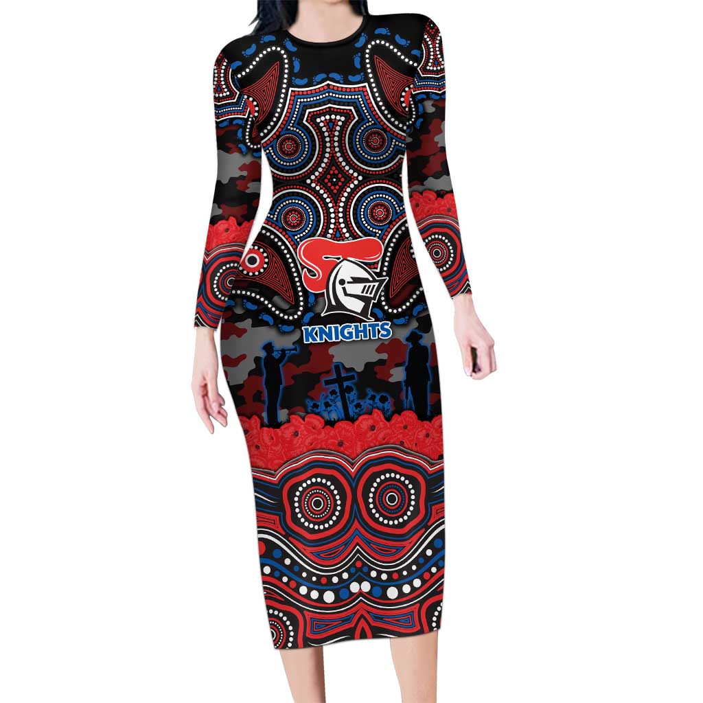 ANZAC Day Newcastle Knights Long Sleeve Bodycon Dress Military Memorial Aboriginal Indigenous Art