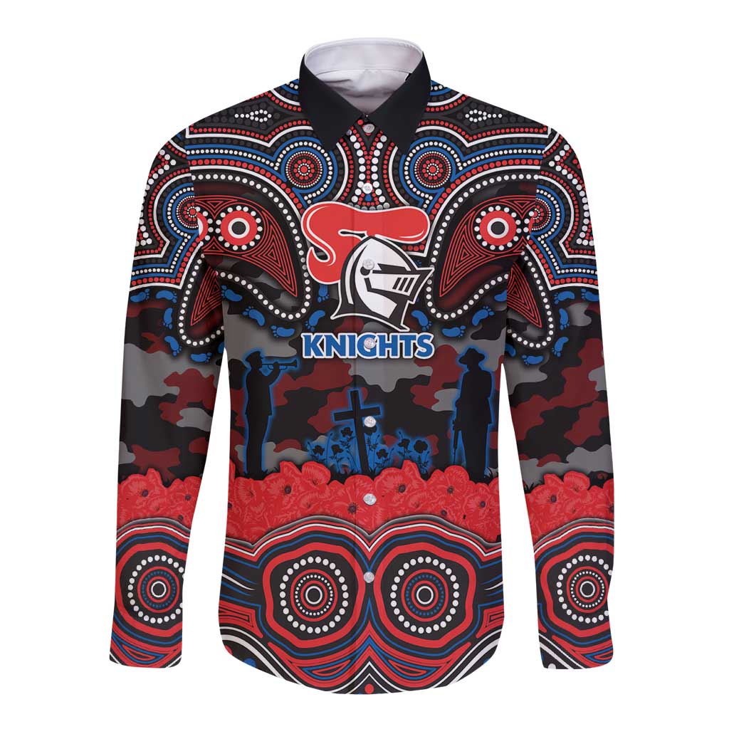 ANZAC Day Newcastle Knights Long Sleeve Button Shirt Military Memorial Aboriginal Indigenous Art