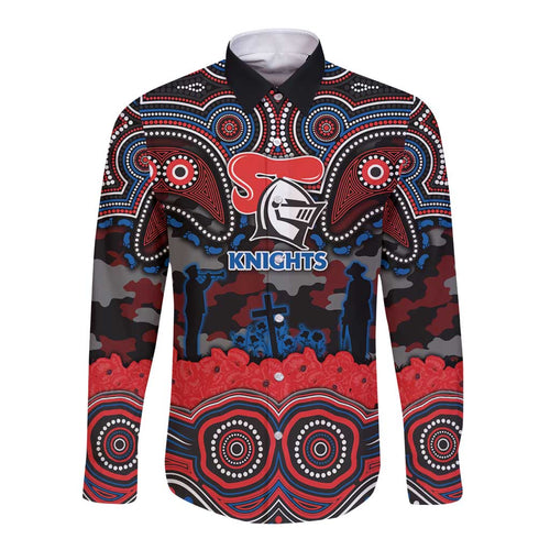 ANZAC Day Newcastle Knights Long Sleeve Button Shirt Military Memorial Aboriginal Indigenous Art