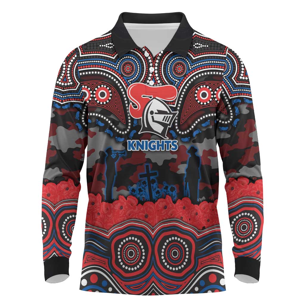 ANZAC Day Newcastle Knights Long Sleeve Polo Shirt Military Memorial Aboriginal Indigenous Art