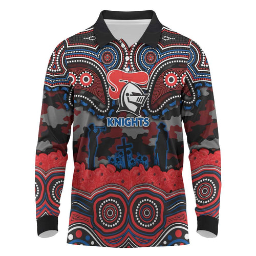 ANZAC Day Newcastle Knights Long Sleeve Polo Shirt Military Memorial Aboriginal Indigenous Art