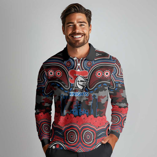 ANZAC Day Newcastle Knights Long Sleeve Polo Shirt Military Memorial Aboriginal Indigenous Art