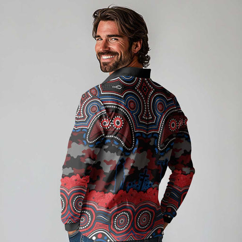 ANZAC Day Newcastle Knights Long Sleeve Polo Shirt Military Memorial Aboriginal Indigenous Art