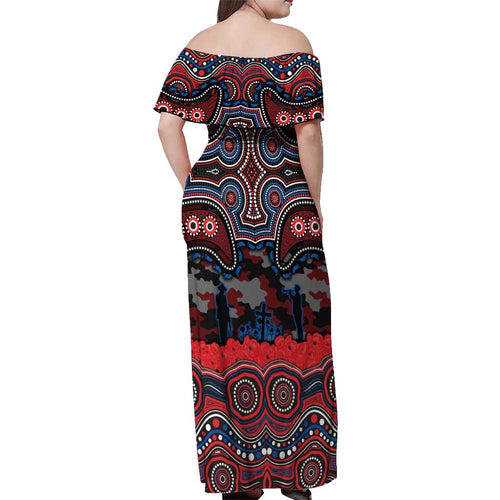ANZAC Day Newcastle Knights Off Shoulder Maxi Dress Military Memorial Aboriginal Indigenous Art