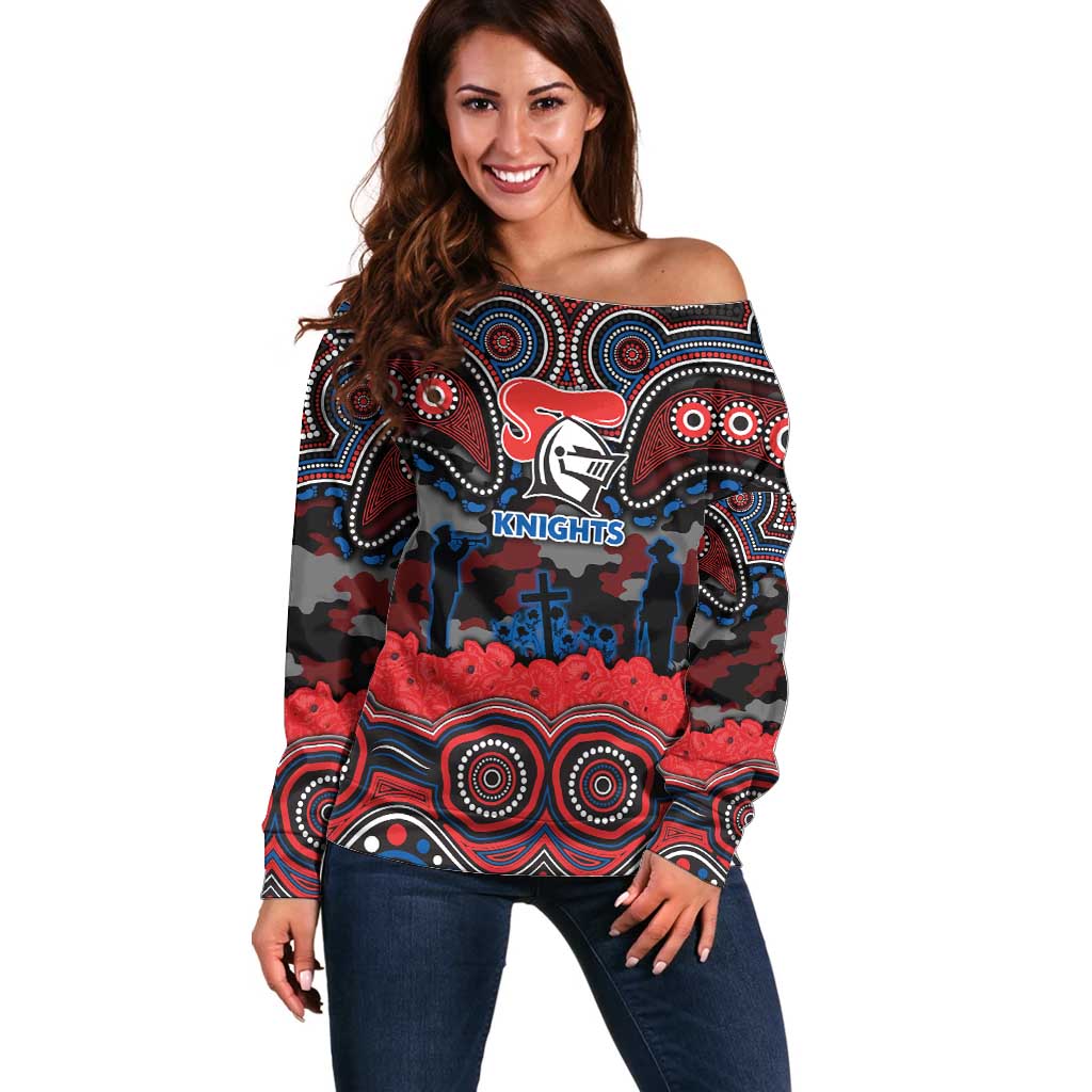 ANZAC Day Newcastle Knights Off Shoulder Sweater Military Memorial Aboriginal Indigenous Art