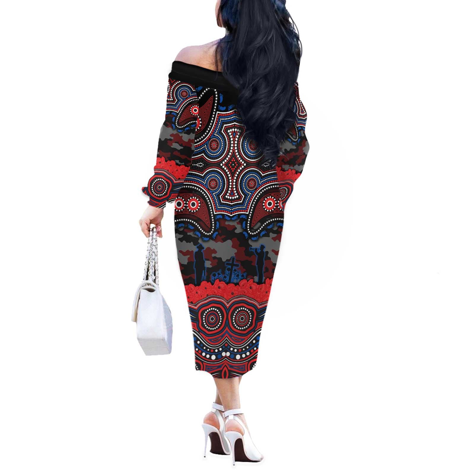 ANZAC Day Newcastle Knights Off The Shoulder Long Sleeve Dress Military Memorial Aboriginal Indigenous Art