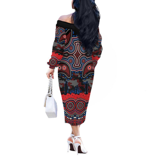 ANZAC Day Newcastle Knights Off The Shoulder Long Sleeve Dress Military Memorial Aboriginal Indigenous Art