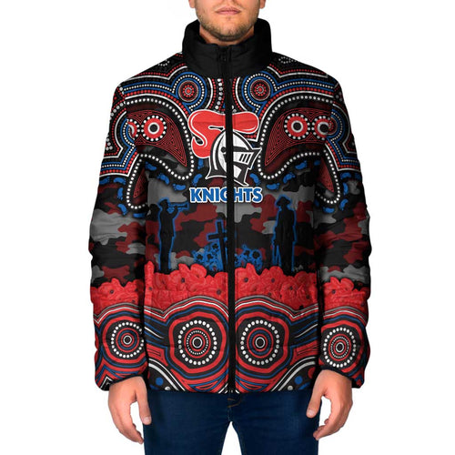 ANZAC Day Newcastle Knights Padded Jacket Military Memorial Aboriginal Indigenous Art