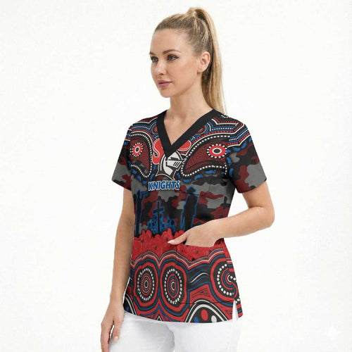 ANZAC Day Newcastle Knights Scrub Top Military Memorial Aboriginal Indigenous Art