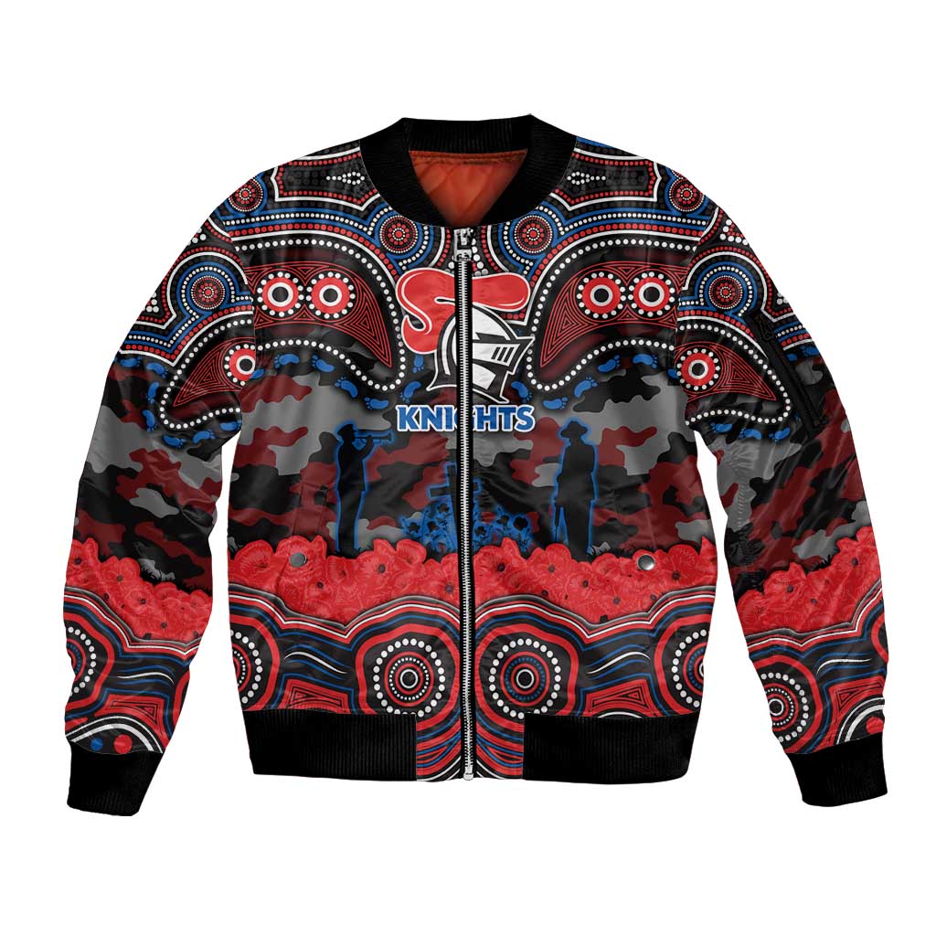 ANZAC Day Newcastle Knights Sleeve Zip Bomber Jacket Military Memorial Aboriginal Indigenous Art