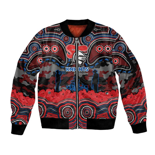 ANZAC Day Newcastle Knights Sleeve Zip Bomber Jacket Military Memorial Aboriginal Indigenous Art