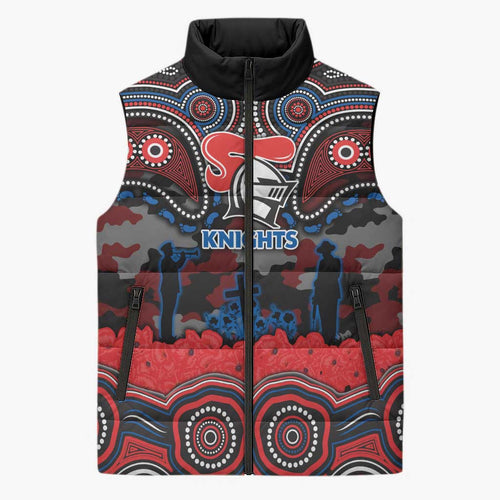 ANZAC Day Newcastle Knights Sleeveless Puffer Jacket Military Memorial Aboriginal Indigenous Art