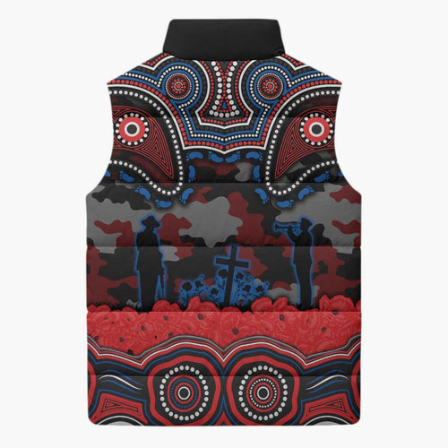 ANZAC Day Newcastle Knights Sleeveless Puffer Jacket Military Memorial Aboriginal Indigenous Art