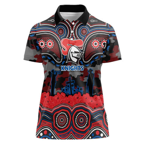 ANZAC Day Newcastle Knights Women Polo Shirt Military Memorial Aboriginal Indigenous Art
