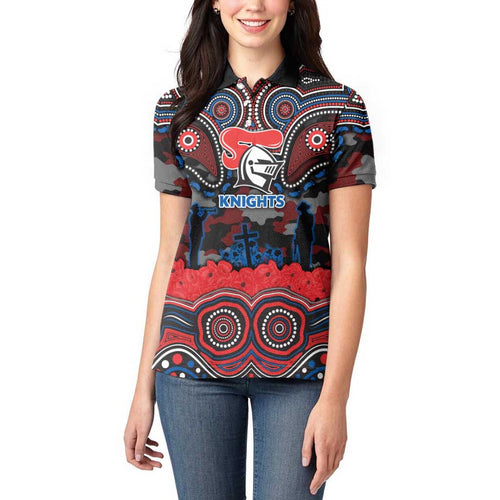 ANZAC Day Newcastle Knights Women Polo Shirt Military Memorial Aboriginal Indigenous Art