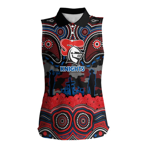 ANZAC Day Newcastle Knights Women Sleeveless Polo Shirt Military Memorial Aboriginal Indigenous Art