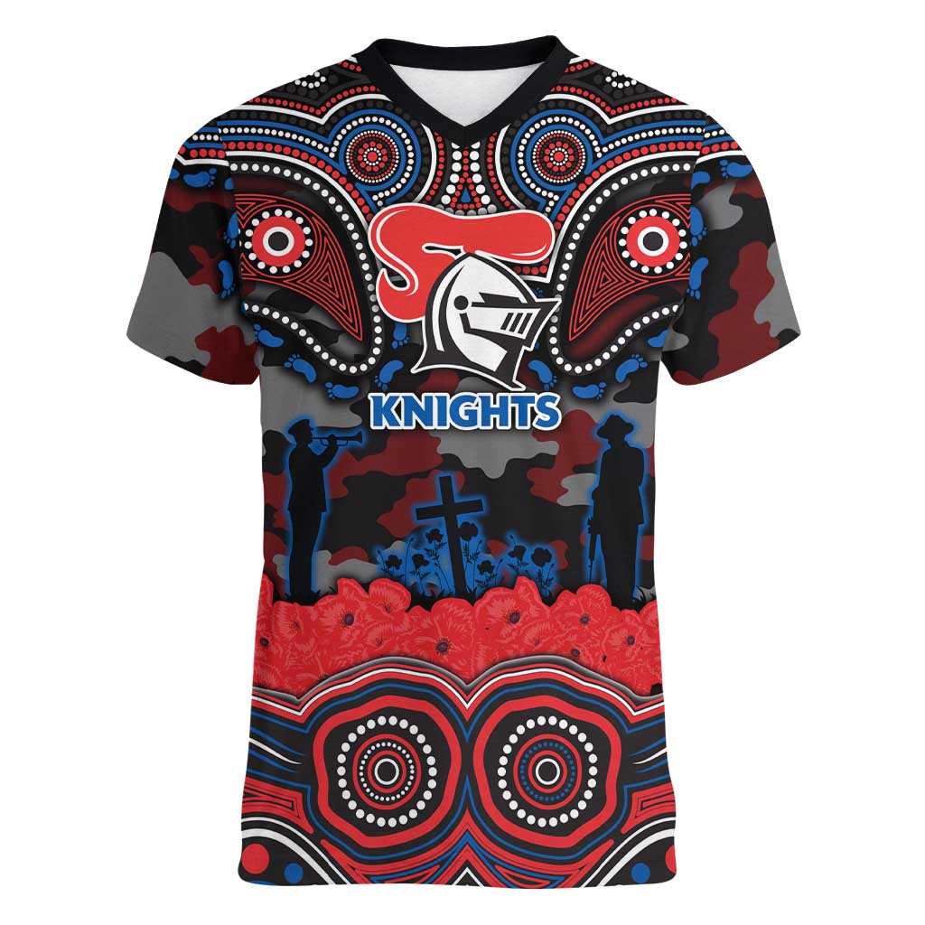 ANZAC Day Newcastle Knights Women V-Neck T-Shirt Military Memorial Aboriginal Indigenous Art