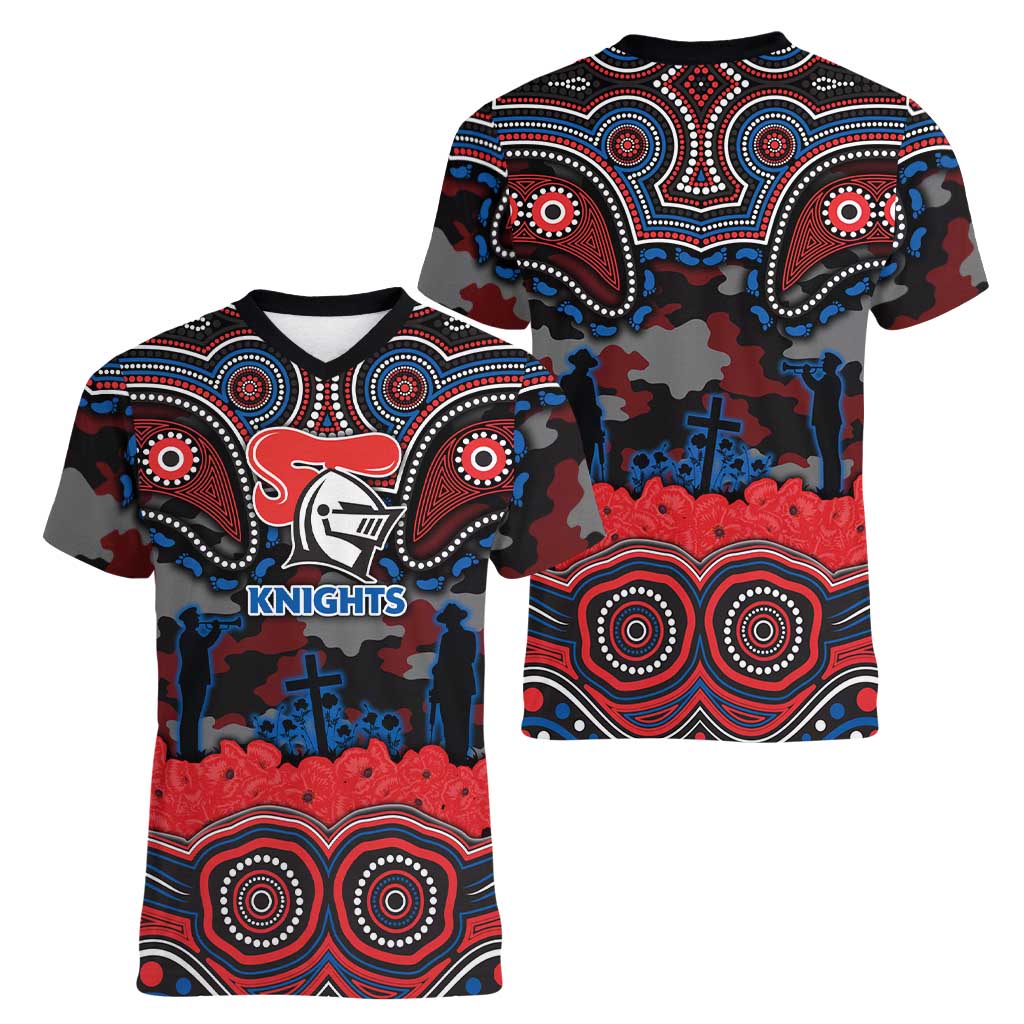 ANZAC Day Newcastle Knights Women V-Neck T-Shirt Military Memorial Aboriginal Indigenous Art