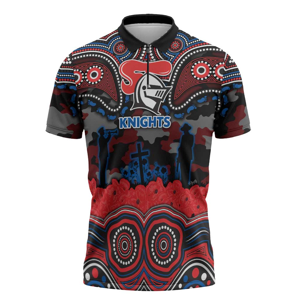 ANZAC Day Newcastle Knights Zipper Polo Shirt Military Memorial Aboriginal Indigenous Art