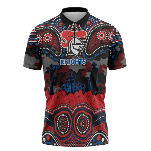 ANZAC Day Newcastle Knights Zipper Polo Shirt Military Memorial Aboriginal Indigenous Art