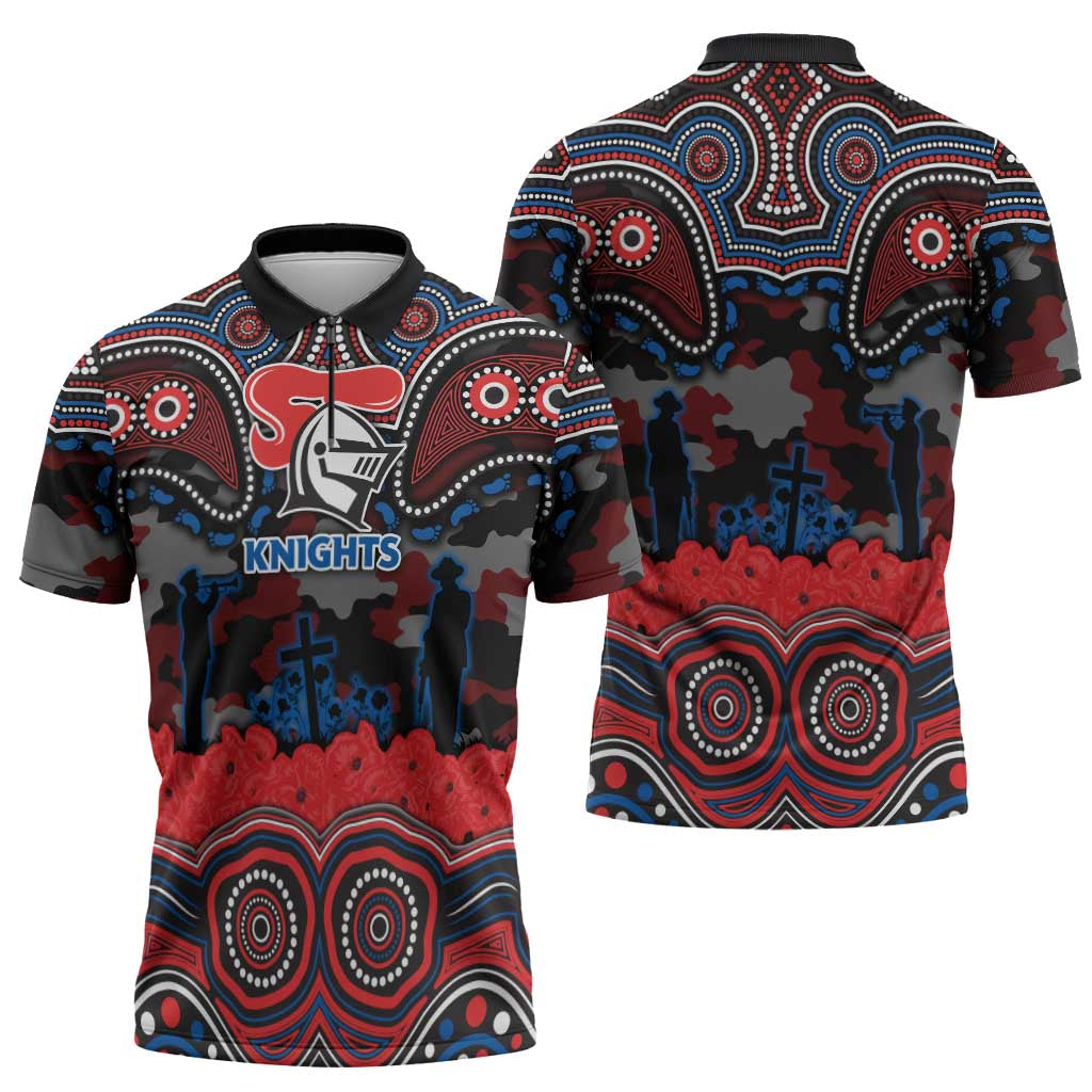 ANZAC Day Newcastle Knights Zipper Polo Shirt Military Memorial Aboriginal Indigenous Art