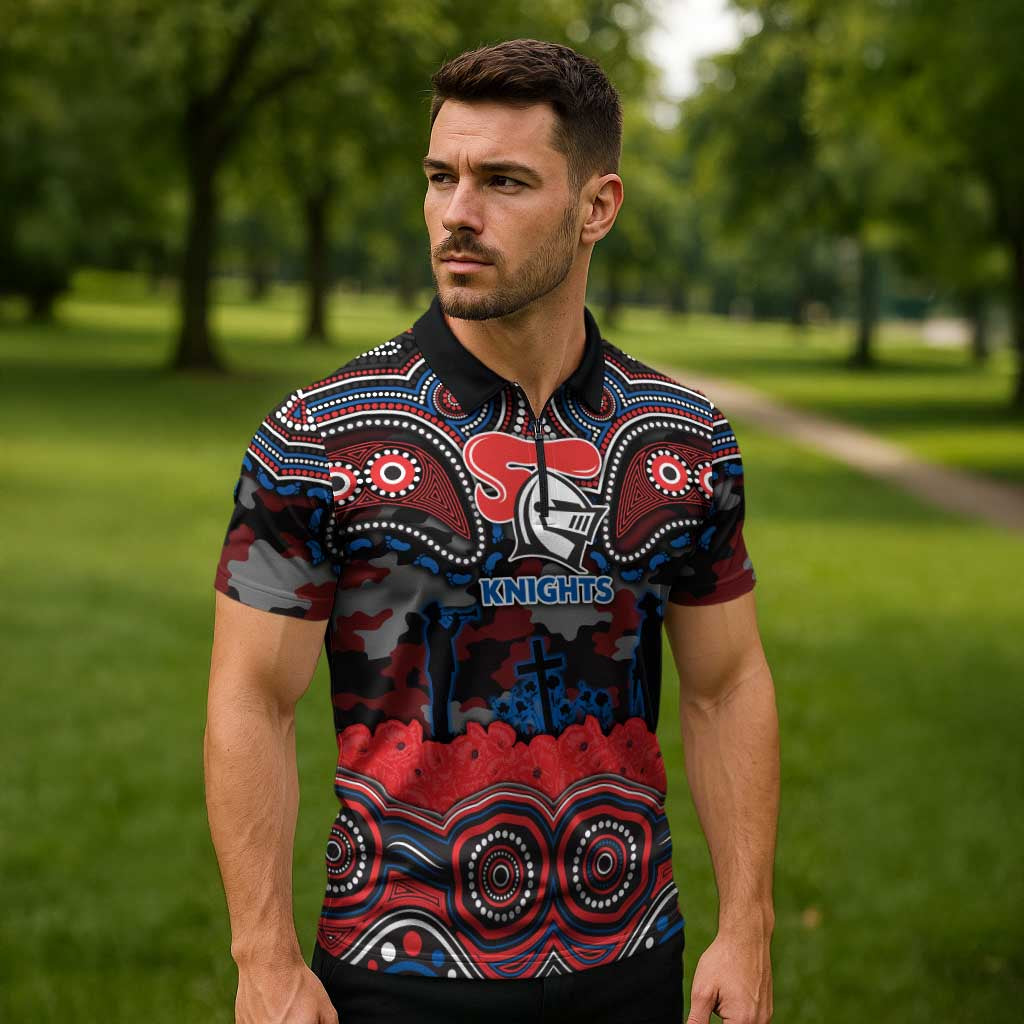 ANZAC Day Newcastle Knights Zipper Polo Shirt Military Memorial Aboriginal Indigenous Art