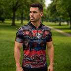 ANZAC Day Newcastle Knights Zipper Polo Shirt Military Memorial Aboriginal Indigenous Art