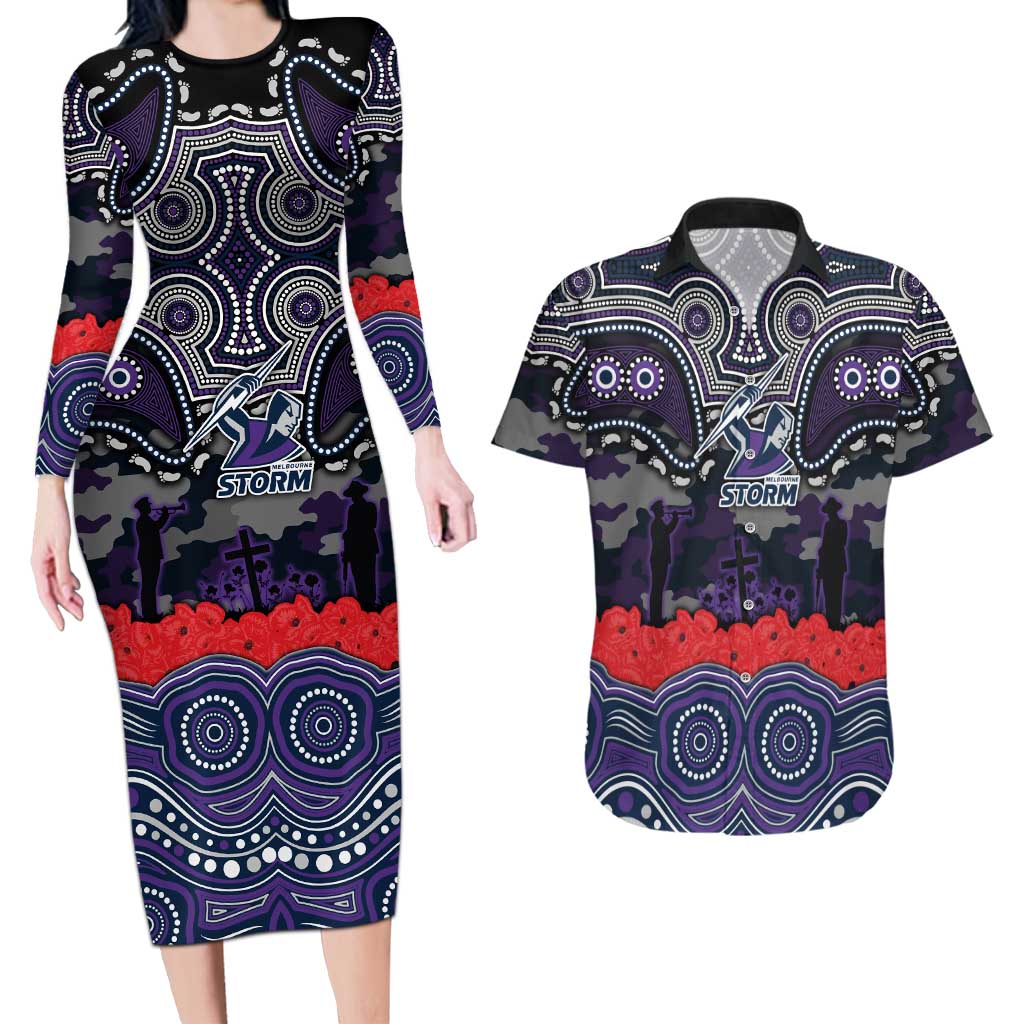 ANZAC Day Melbourne Storm Couples Matching Long Sleeve Bodycon Dress and Hawaiian Shirt Military Memorial Aboriginal Indigenous Art