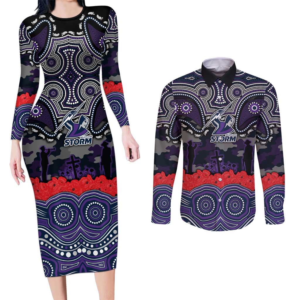 ANZAC Day Melbourne Storm Couples Matching Long Sleeve Bodycon Dress and Long Sleeve Button Shirt Military Memorial Aboriginal Indigenous Art