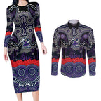 ANZAC Day Melbourne Storm Couples Matching Long Sleeve Bodycon Dress and Long Sleeve Button Shirt Military Memorial Aboriginal Indigenous Art