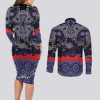 ANZAC Day Melbourne Storm Couples Matching Long Sleeve Bodycon Dress and Long Sleeve Button Shirt Military Memorial Aboriginal Indigenous Art