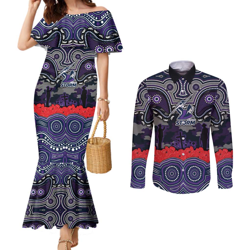 ANZAC Day Melbourne Storm Couples Matching Mermaid Dress and Long Sleeve Button Shirt Military Memorial Aboriginal Indigenous Art