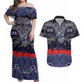 ANZAC Day Melbourne Storm Couples Matching Off Shoulder Maxi Dress and Hawaiian Shirt Military Memorial Aboriginal Indigenous Art