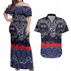 ANZAC Day Melbourne Storm Couples Matching Off Shoulder Maxi Dress and Hawaiian Shirt Military Memorial Aboriginal Indigenous Art