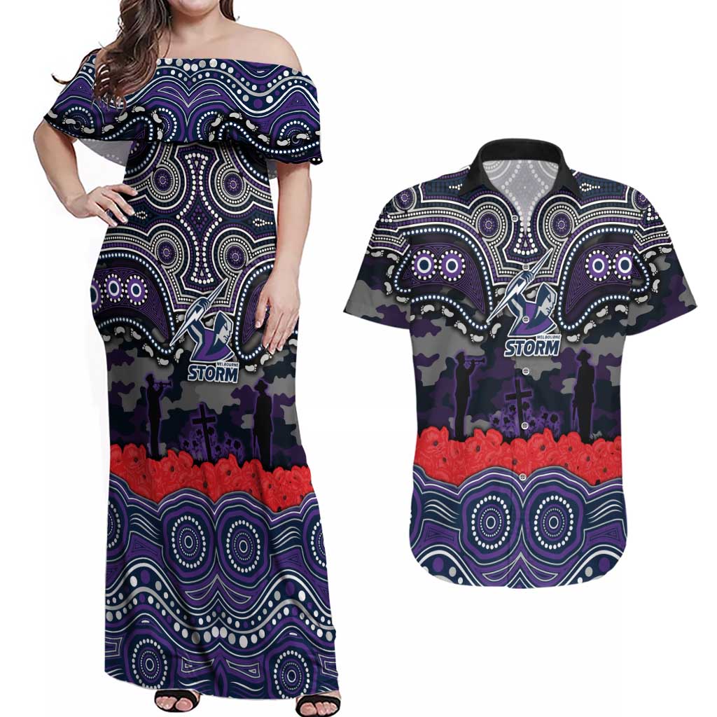 ANZAC Day Melbourne Storm Couples Matching Off Shoulder Maxi Dress and Hawaiian Shirt Military Memorial Aboriginal Indigenous Art