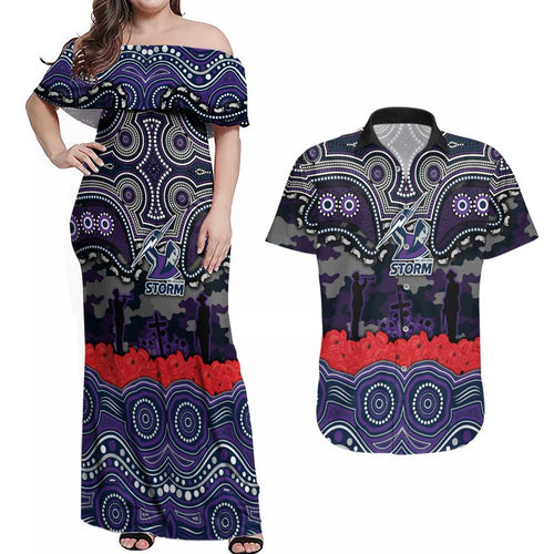 ANZAC Day Melbourne Storm Couples Matching Off Shoulder Maxi Dress and Hawaiian Shirt Military Memorial Aboriginal Indigenous Art